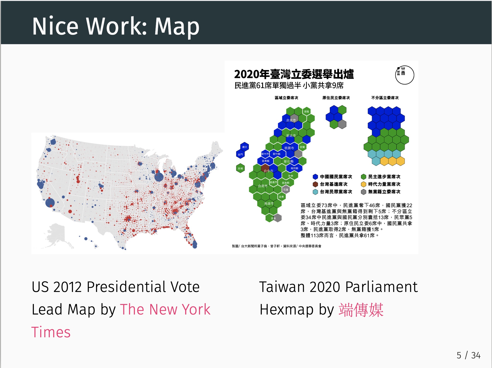 左邊是 Dot Distribution Map，右邊是[端傳媒](https://theinitium.com/article/20200112-taiwan-election-data-ntu-1/)上面的 Hexmap