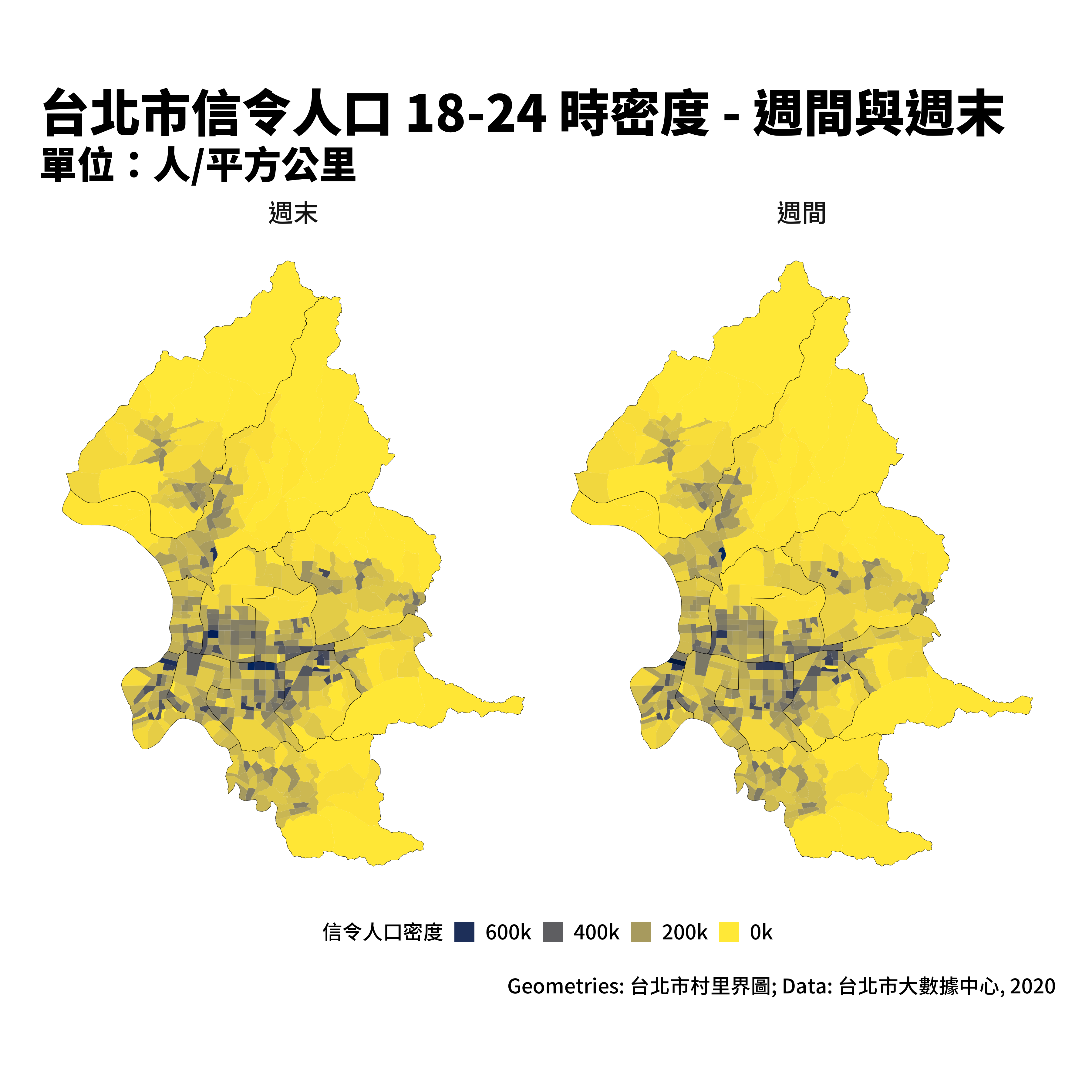 台北市週間與週末晚上人口分布