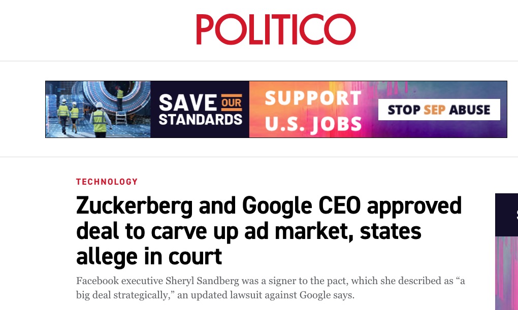 據 Politico [報導](https://www.politico.com/news/2022/01/14/facebook-google-ad-market-lawsuit-527108)，臉書與 Google 在廣告市場中曾經合謀。無法確定祖克柏是否為蜥蜴人。